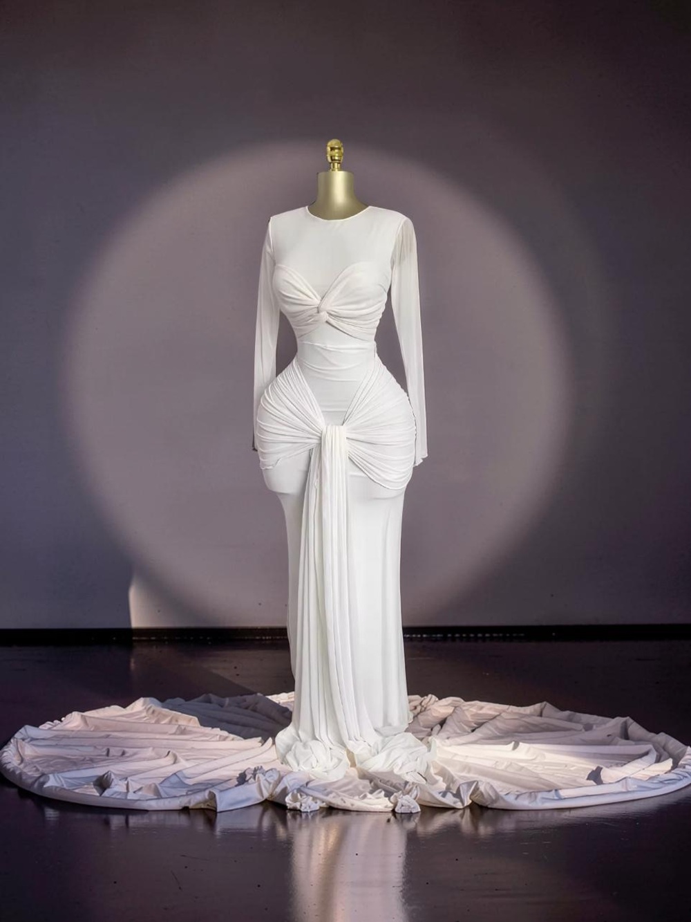 Sculpted White Long-Sleeve Draped Maxi Gown